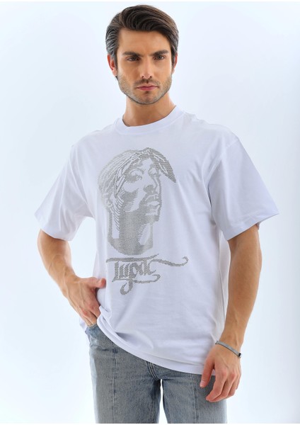 Unisex Oversize Taşlı Bisiklet Yaka T-Shirt - Beyaz indirimleri