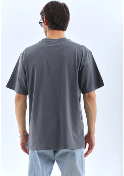 Unisex Oversize Taşlı Bisiklet Yaka T-Shirt - Füme fiyatları