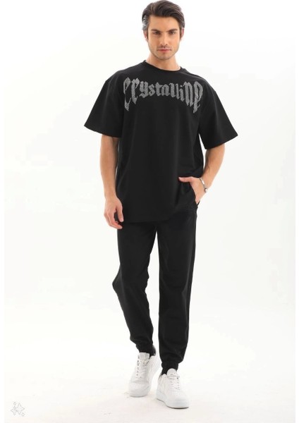 Unisex Oversize Taşlı T-Shirt - Siyah fırsatları
