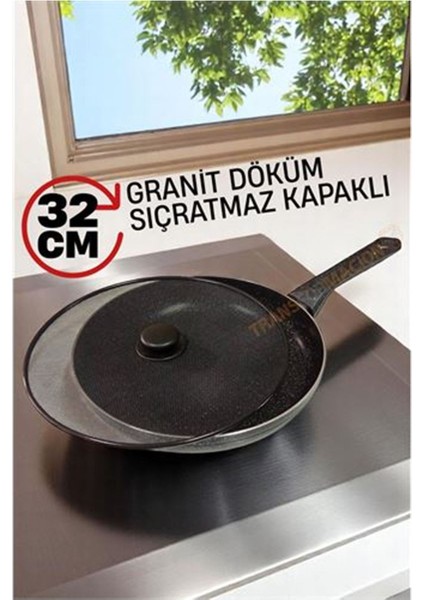 Granit Döküm Tava Yağ Sıçratmaz Kapaklı -Yapışmaz Taban 32 cm