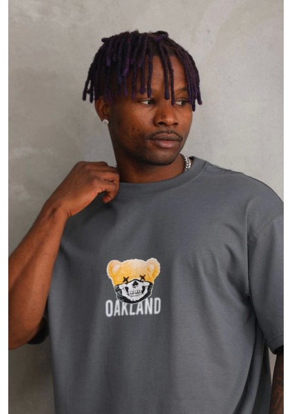 Unisex Baskılı Oversize T-Shirt - Füme