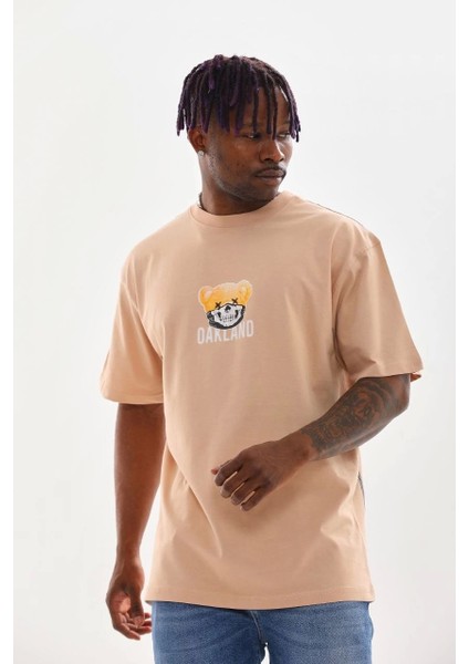 Unisex Baskılı Oversize T-Shirt - Bej modelleri
