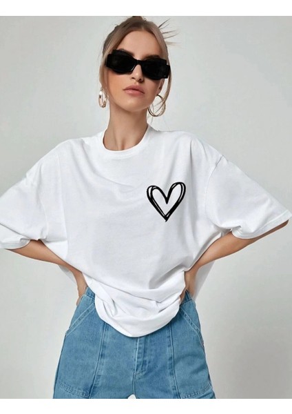 Unisex Baskılı Oversize T-Shirt - Beyaz