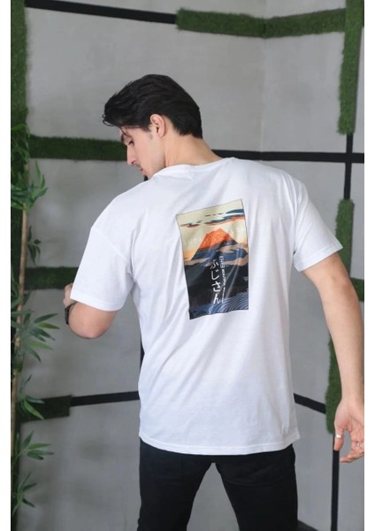 Unisex Bisiklet Yaka Baskılı Oversize T-Shirt - Beyaz modelleri