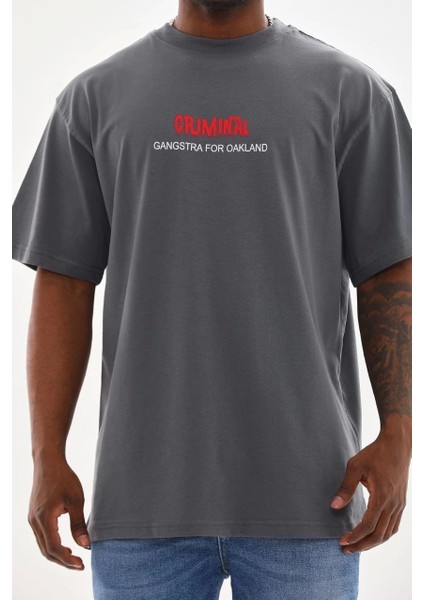 Unisex Baskılı Oversize T-Shirt - Füme