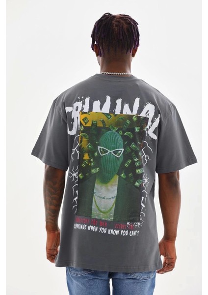 Unisex Baskılı Oversize T-Shirt - Füme fiyatları