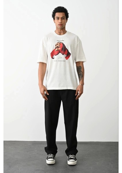 Unisex Baskılı Oversize T-Shirt - Beyaz modelleri