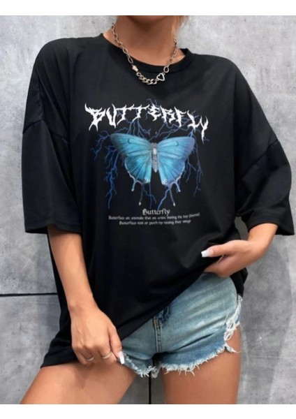 Unisex Baskılı Oversize T-Shirt - Siyah indirimleri