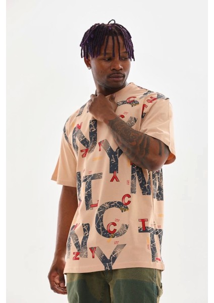 Unisex Baskılı Oversize T-Shirt - Bej fırsatları