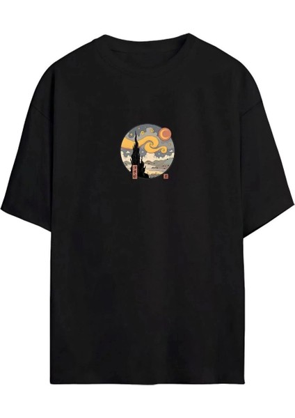 Unisex Baskılı Oversize T-Shirt - Siyah