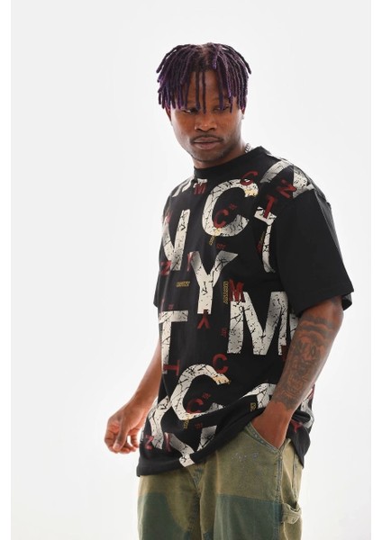 Unisex Baskılı Oversize T-Shirt - Siyah modelleri
