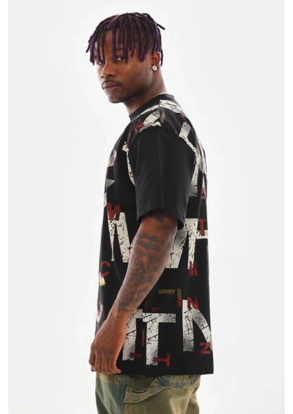 Unisex Baskılı Oversize T-Shirt - Siyah indirimleri