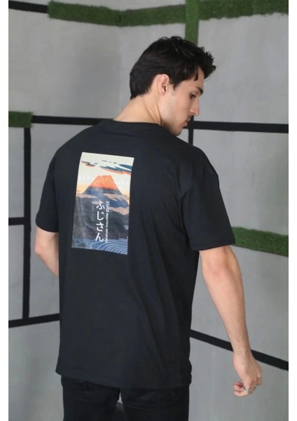 Unisex Bisiklet Yaka Baskılı Oversize T-Shirt - Siyah modelleri