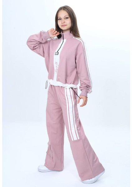 Kız Çocuk 2 Iplik Yarım Fermuarlı Garnili Eşofman Takımı %100 Pamuk Rahat KALIP-EŞT-0001