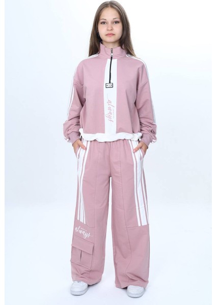 Kız Çocuk 2 Iplik Yarım Fermuarlı Garnili Eşofman Takımı %100 Pamuk Rahat KALIP-EŞT-0001 fırsatları