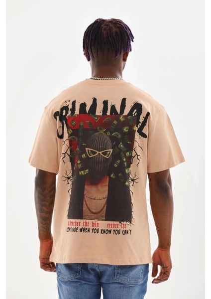 Unisex Baskılı Oversize T-Shirt - Bej fiyatları