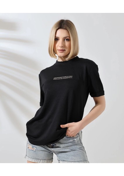 Unisex Bisiklet Yaka Baskılı Slim Fit T-Shirt - Siyah fiyatları
