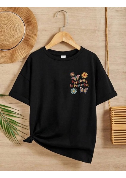 Kız Çocuk Bisiklet Yaka Baskılı T-Shirt - Siyah