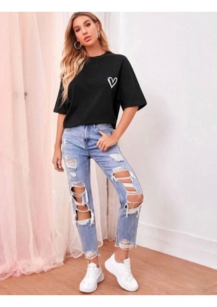 Kadın Bisiklet Yaka Baskılı Oversize T-Shirt - Siyah fiyatları