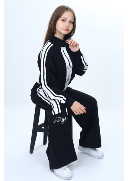 Kız Çocuk 2 Iplik Yarım Fermuarlı Garnili Spor Eşofman Takımı %100 Pamuk Rahat KALIP-EŞT-2001