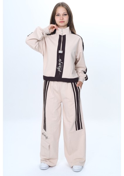 Kız Çocuk 2 Iplik Yarım Fermuarlı Garnili Spor Eşofman Takımı %100 Pamuk Rahat KALIP-EŞT-2001