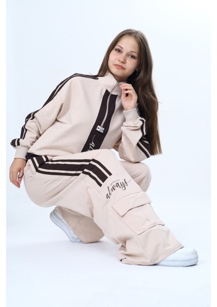 Kız Çocuk 2 Iplik Yarım Fermuarlı Garnili Spor Eşofman Takımı %100 Pamuk Rahat KALIP-EŞT-2001 fiyatları