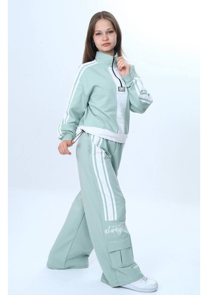 Kız Çocuk 2 Iplik Yarım Fermuarlı Garnili Spor Eşofman Takımı %100 Pamuk Rahat KALIP-EŞT-2001