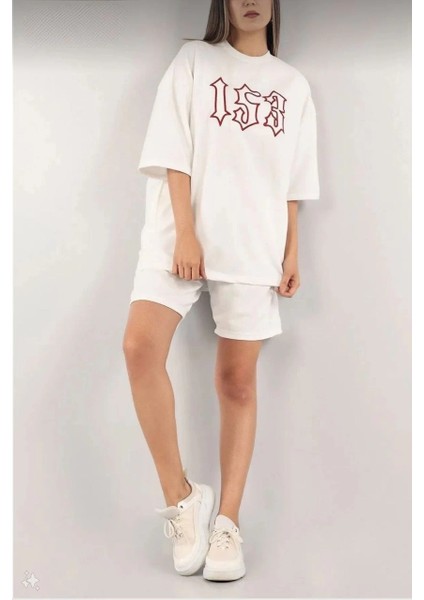 Kadın Unisex Nakış Işlemeli Şort Takım - Beyaz fiyatları