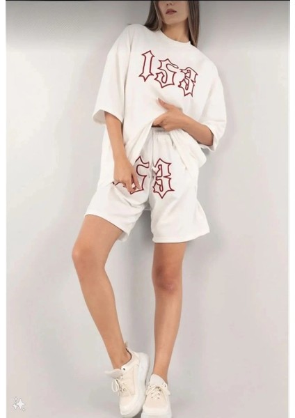 Kadın Unisex Nakış Işlemeli Şort Takım - Beyaz modelleri