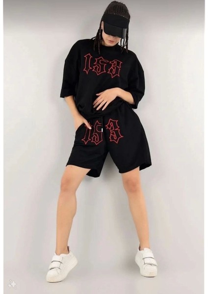 Kadın Unisex Nakış Işlemeli Şort Takım - Siyah fiyatları