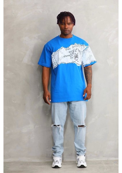 Unisex Bisiklet Yaka Baskılı Oversize T-Shirt - Mavi modelleri