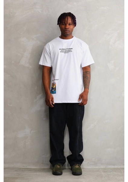 Unisex Bisiklet Yaka Baskılı Oversize T-Shirt - Beyaz fırsatları