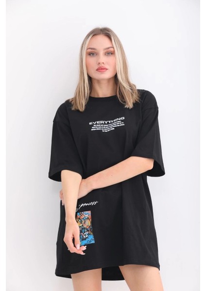 Unisex Bisiklet Yaka Baskılı Oversize T-Shirt - Siyah fırsatları
