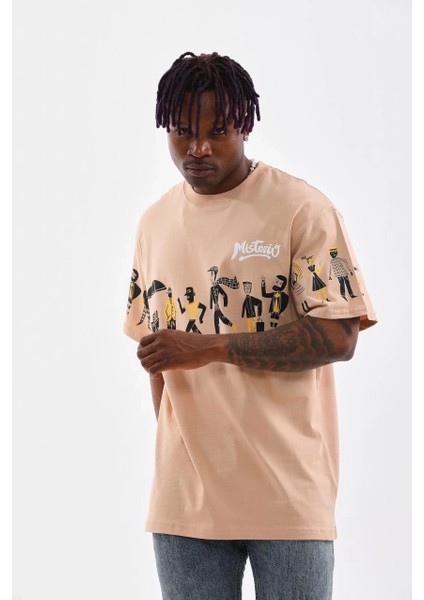 Unisex Bisiklet Yaka Baskılı Oversize T-Shirt - Bej modelleri