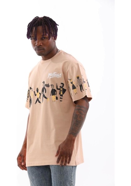 Unisex Bisiklet Yaka Baskılı Oversize T-Shirt - Bej indirimleri