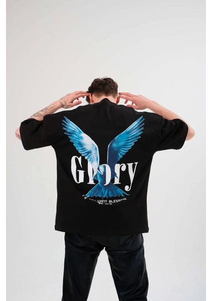 Unisex Bisiklet Yaka Baskılı Oversize T-Shirt - Siyah fiyatları