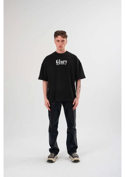 Unisex Bisiklet Yaka Baskılı Oversize T-Shirt - Siyah modelleri