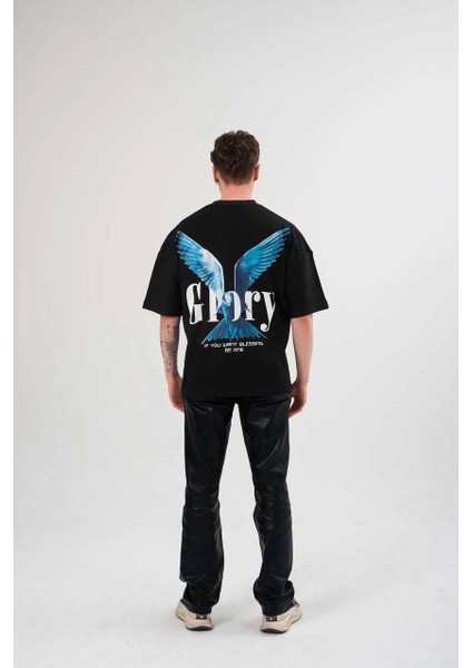 Unisex Bisiklet Yaka Baskılı Oversize T-Shirt - Siyah fırsatları