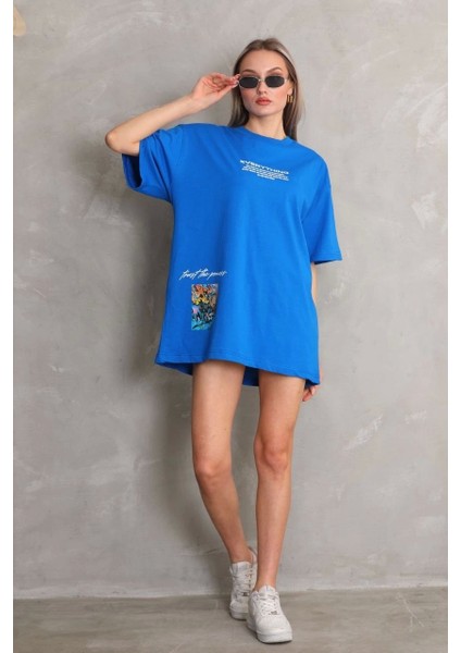 Unisex Bisiklet Yaka Baskılı Oversize T-Shirt - Mavi fırsatları