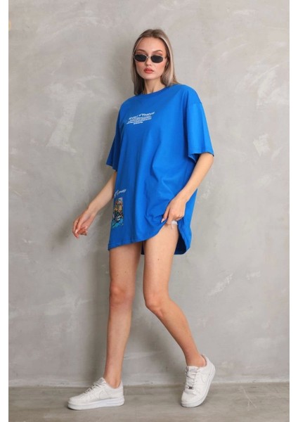 Unisex Bisiklet Yaka Baskılı Oversize T-Shirt - Mavi indirimleri