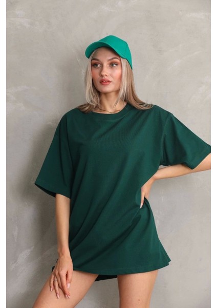 Unisex Bisiklet Yaka 20/1 Düz Oversize T-Shirt - Yeşil fiyatları