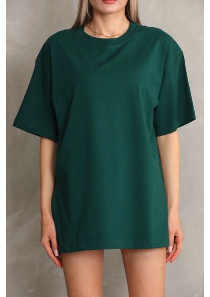 Unisex Bisiklet Yaka 20/1 Düz Oversize T-Shirt - Yeşil modelleri