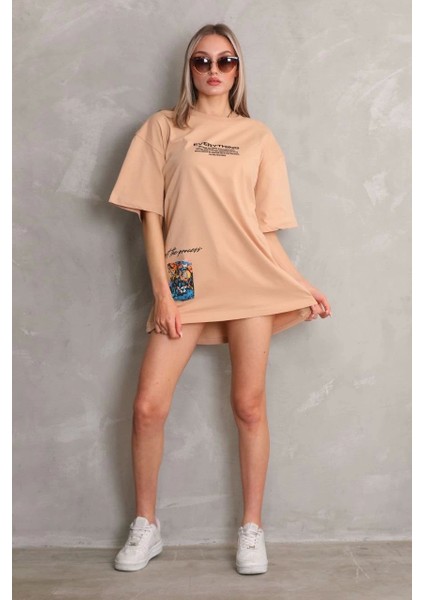 Unisex Bisiklet Yaka Baskılı Oversize T-Shirt - Bej fırsatları