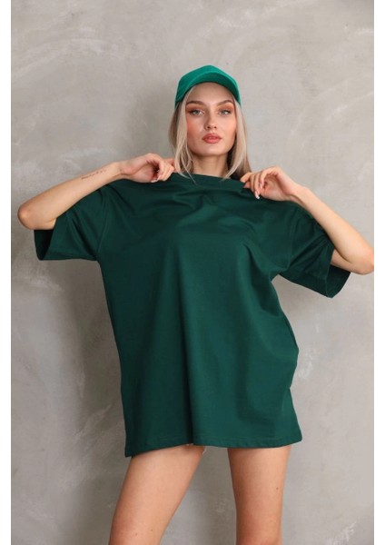 Unisex Bisiklet Yaka 20/1 Düz Oversize T-Shirt - Yeşil fırsatları