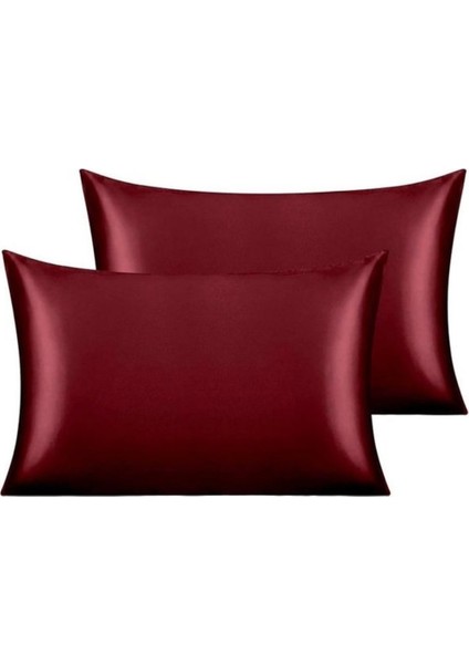 Büro Ev Ofis Için 2parça 50X70CM Bordo Ipek Saten Antibakteriyel Terletmez Yastık Kılıf Seti