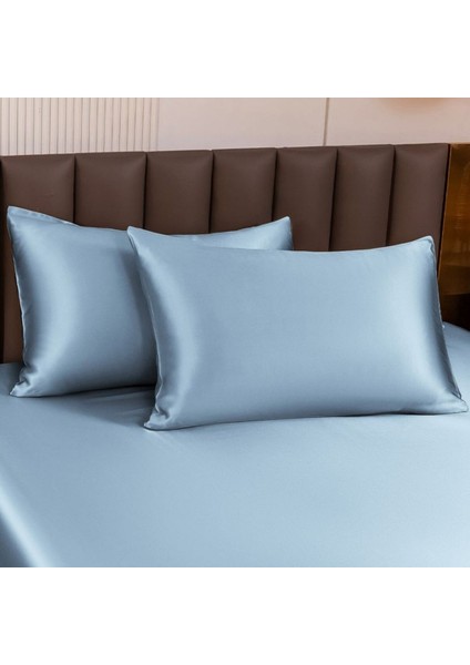 Büro Ev Ofis Için 2parça 50X70CM Mavi Ipek Saten Antibakteriyel Terletmez Yastık Kılıf Seti