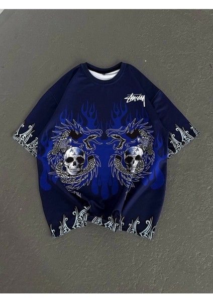 Unisex Bisiklet Yaka Baskılı Oversize T-Shirt - Lacivert indirimleri
