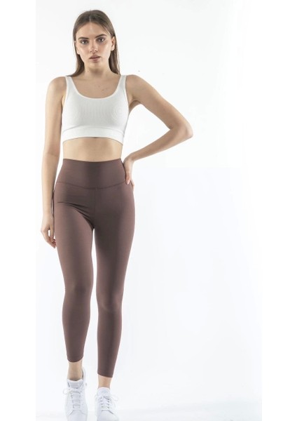 Kadın Yüksek Bel Sporcu Düz Tayt - Kahverengi