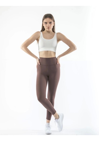 Kadın Yüksek Bel Sporcu Düz Tayt - Kahverengi fırsatları