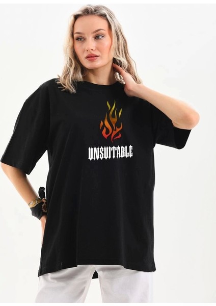 Unisex Bisiklet Yaka Baskılı Oversize T-Shirt - Siyah